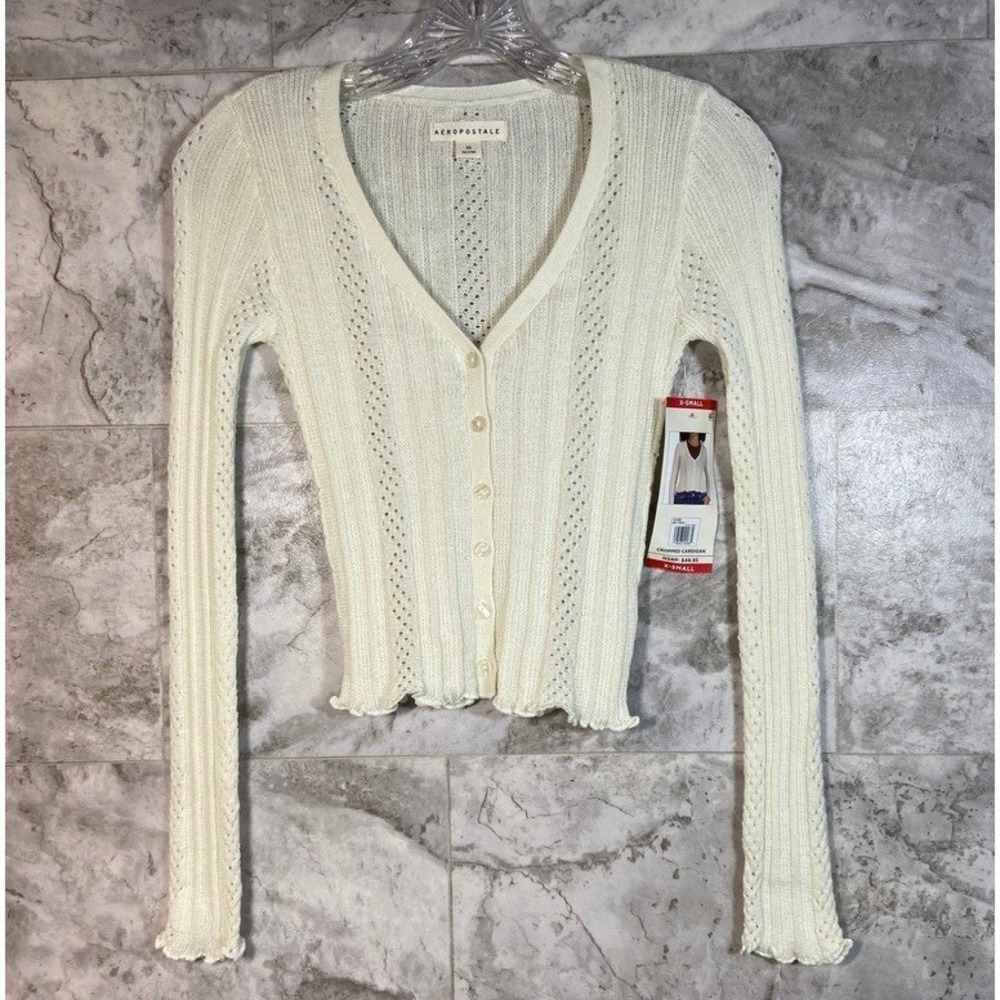 Aeropostale Cropped Cardigan Ivory Cream Knit V Neck Button Up Sweater‎ XS NWT